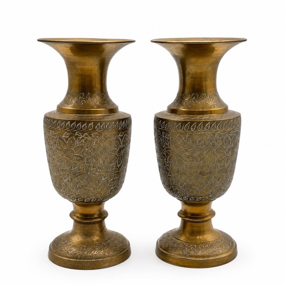 Vintage Other - Vintage Brass Etched Floral Vase Pair Indian Engraved Boho Hollywood Regency